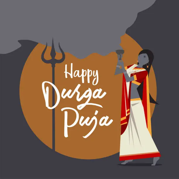 Vector illustration of Devotees performing the traditional 'dhunuchi dance' which was organised at a Durga Puja Pandal