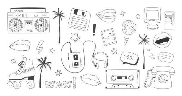 Black and white elements from the 90s, set. Black and white elements from the 90s, set. Contour illustration with isolated gadgets, cassettes, accessories on white background. walkman cassette stock illustrations