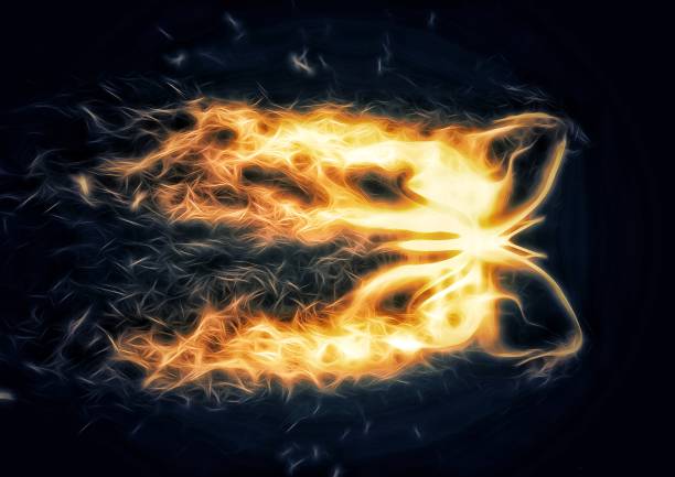 3D illustration of a fire butterfly flapping in the dark
