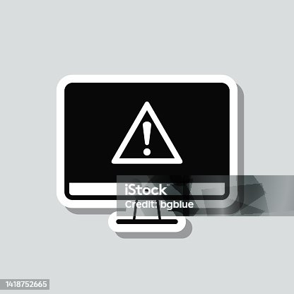 istock Desktop computer with hazard warning attention. Icon sticker on gray background 1418752665