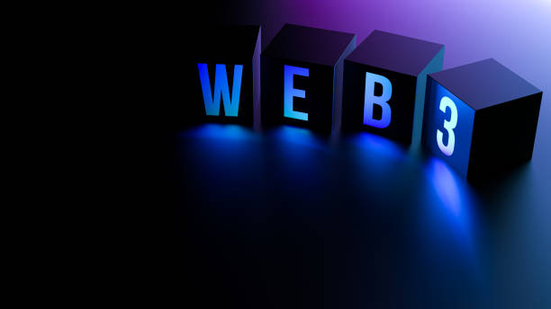 The WEB 3 neon on cubes. The concept of the development of Internet technologies. Blank with copy space. 3D render.