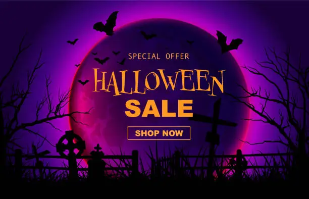 Vector illustration of Halloween sale banner spooky cartoon background, full moon cemetery and flying bats.