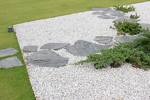 Garden details: A graveled area with flat slate slabs forming paths and occasional ground spreading plants with edging onto a green lawn. No people.