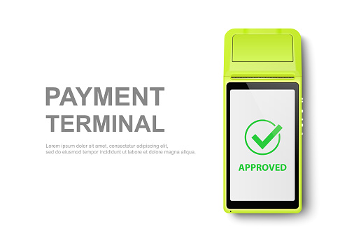 Vector Realistic 3d Green Touch Mobile Payment Machine. POS Terminal Closeup Isolated on White. Design Template of Bank Payment Wireless Contactless Terminal, Mockup. Payments device. Top View