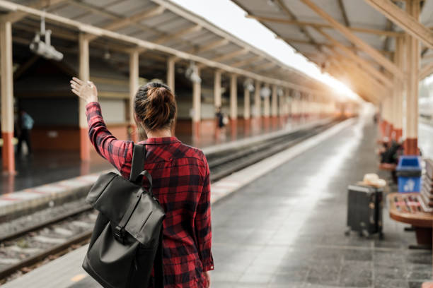 istock Young Asian woman backpacker traveler walking alone at train station platform with backpack. Asian woman waiting train at train station for travel. Summer holiday traveling or young tourist concept 1418763124