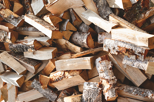 Birch firewood chopped with an axe. Messy wood pile, close-up.