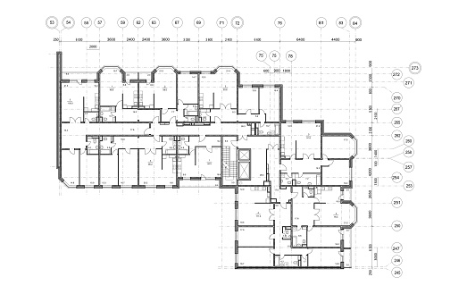 Detailed architectural floor plan, apartment layout, blueprint. Vector drawing of the plan of a multistory residential building.