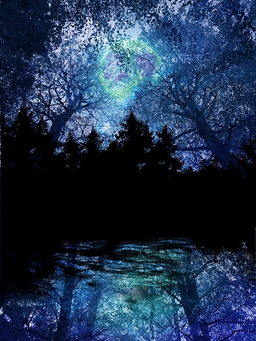 fantastic background illustration of mysterious deep forest night scene and shining full moon reflected on the lake