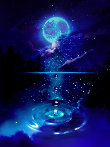 fantastic background illustration of mysterious deep forest night scene, blue full moon and water drops falling on the lake