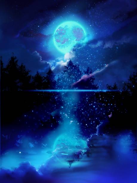 illustrazioni stock, clip art, cartoni animati e icone di tendenza di fantastica illustrazione di sfondo di misteriosa scena notturna della foresta profonda e luna piena splendente riflessa sul lago - sea cloud cloudscape sky