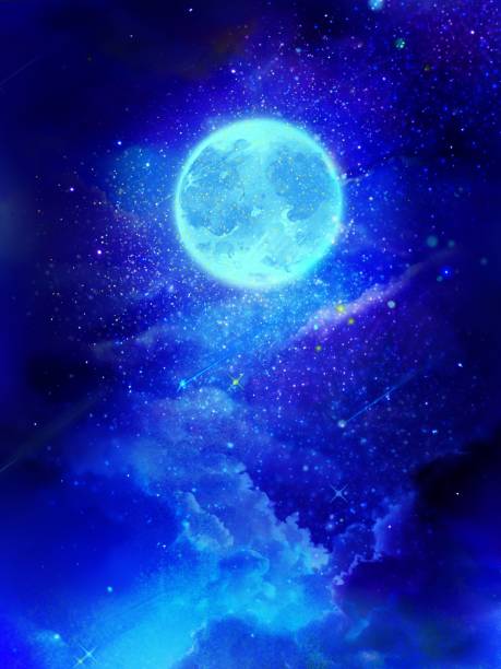 Fantasy illustration of stars shining in space, sea of clouds and shining blue full moon fantastic illustration of a full moon shining in colorful space with a beautiful sea of clouds and stars reflecting on the surface of the water dark blue sky clouds stock illustrations