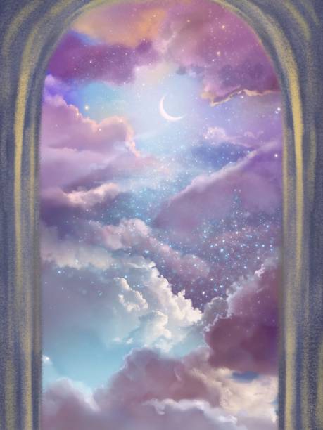 istock Fantastic illustration of a crescent moon shining in a colorful space beyond a mysterious stone gate and a beautiful rainbow sea of clouds and stars 1418770330