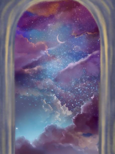 istock Fantastic illustration of a crescent moon shining in a colorful space beyond a mysterious stone gate and a beautiful rainbow sea of clouds and stars 1418770334
