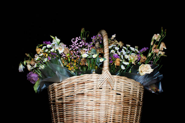 colurful Roses in baskets on black and white background