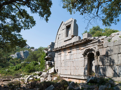 Ios Island, Greece- 20 September 2020: The white tomb of Homer. A legend tells that this famous poet was buried here.