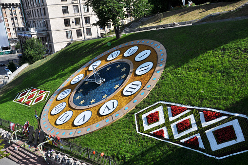 Flower clock in the center of Kyiv, the capital of Ukraine.