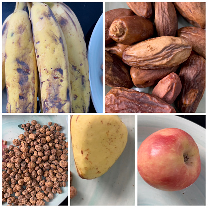 Apple fruit, kola nut, date, tiger nut and banana