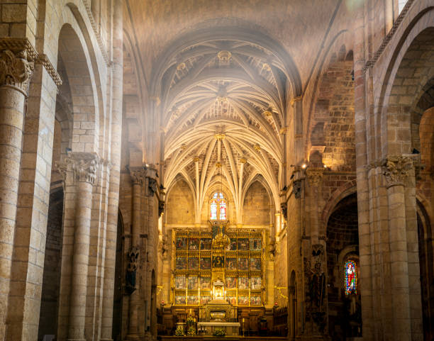 главный неф интерьера королевской коллегиальной базилики сан-исидоро-де-леон - romanesque стоковые фото и изображения