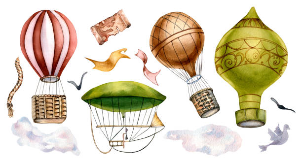 Set of various hot air balloons vintage style watercolor illustration isolated. Set of various hot air balloons vintage style watercolor illustration isolated. Ancient aircrafts, birds, dirigible hand painted. Childish design element for guy, boy's print, wrapping, book, textile watercolor hot air balloon stock illustrations