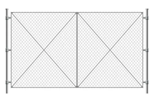 Vector illustration of Metal wire fence and gate. Chain-link fence fragment with metallic pillars. Secured territory, protected area or prison fencing. Wire grid construction