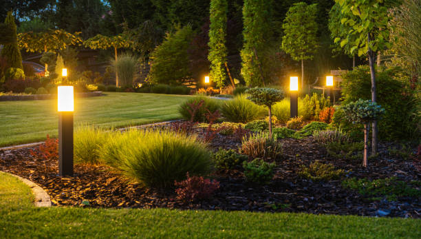 Modern Backyard Outdoor LED Lighting Systems Panoramic Photo of LED Light Posts Illuminated Backyard Garden During Night Hours. Modern Backyard Outdoor Lighting Systems. light stock pictures, royalty-free photos & images