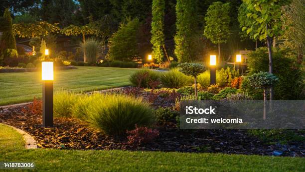 Modern Backyard Outdoor Led Lighting Systems Stock Photo - Download Image Now - Illuminated, Lighting Equipment, Landscape - Scenery