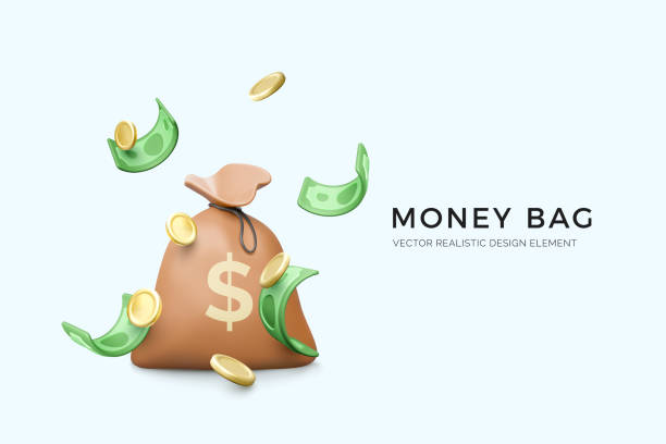 3D money bag with dollar sign and falling green paper currency and gold coins. Banking and finance business banner 3D money bag with dollar sign and falling green paper currency and gold coins. Banking and finance business banner. Vector illustration currency us paper currency dollar one dollar bill stock illustrations