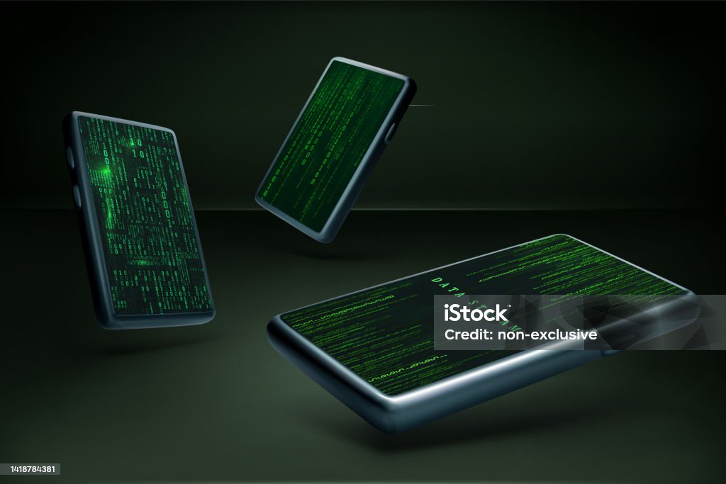 Set Of 3d Mobile Phone With Binary Data Stream In Matrix Style On Screen  Abstract Sci Fi Futuristic Phone Wallpaper Mockup Encryption And Digital  Data Protection Concept Stock Illustration - Download Image