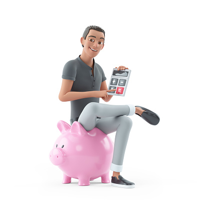 3d character man sitting on piggy bank with calculator, illustration isolated on white background