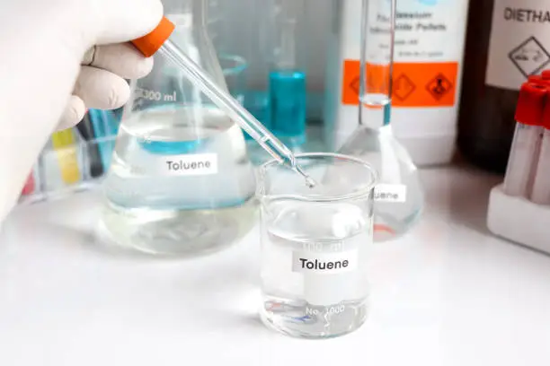 Photo of Toluene in glass, chemical in the laboratory