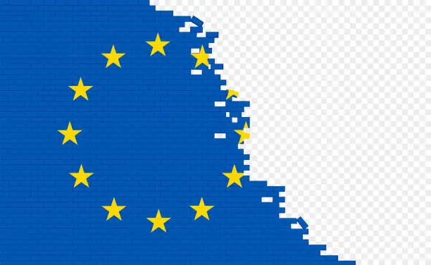 Vector illustration of European Union flag on broken brick wall.