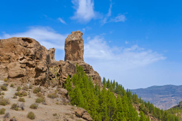 horizontal nature background in Grand Canary, view of Roque Nublo in the sunset time, stormy clouds.
