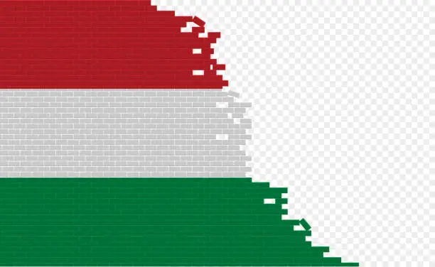 Vector illustration of Hungary flag on broken brick wall.