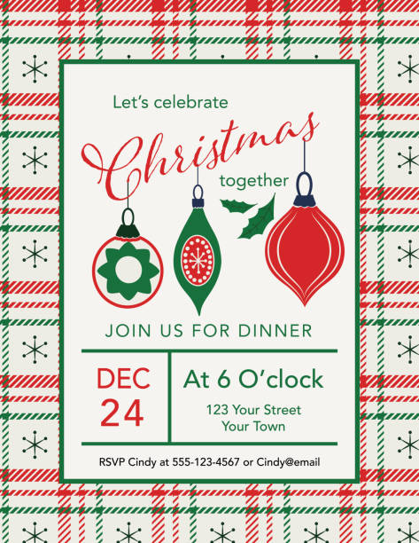 ilustrações de stock, clip art, desenhos animados e ícones de christmas party invitation template with ornaments and a plaid border - christmas dinner