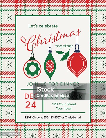 istock Christmas Party Invitation Template With Ornaments And A Plaid Border 1418792512