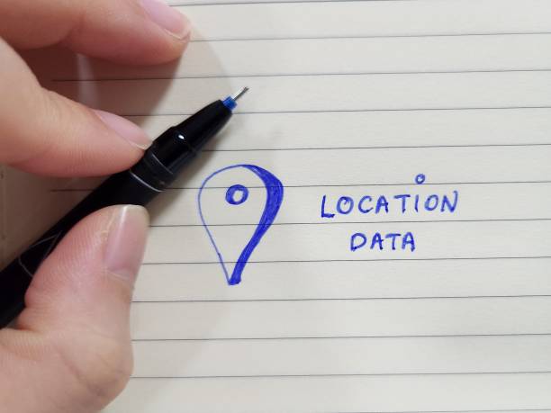 istock Hand drawing a location icon with location data words besides the icon 1418793419