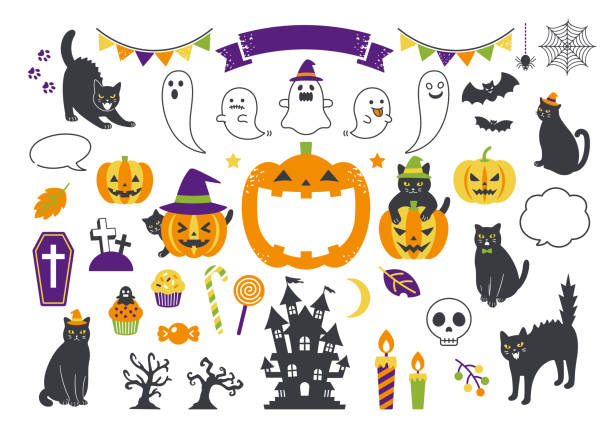 czarny kot i zestaw ilustracji na halloween. ilustracja stockowa.
halloween, rysunek, ilustracja, potwór - postać fikcyjna, duch - halloween decoration illustrations stock illustrations