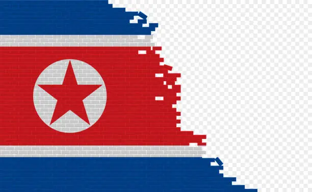 Vector illustration of North Korea flag on broken brick wall.