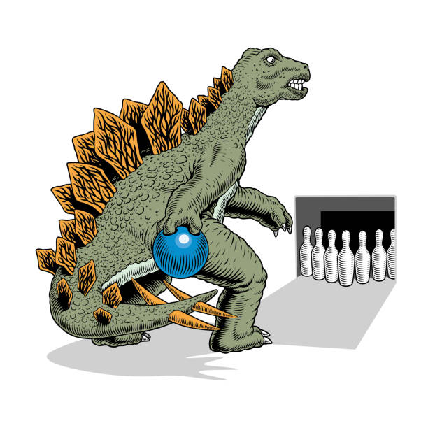 Dinosaur playing bowling. Stegosaurus holding bowling ball. Poster or print of kegling competition or tournament. Vector illustration. Dinosaur playing bowling. Stegosaurus holding bowling ball. Poster or print of kegling competition or tournament. Comic style vector illustration. cartoon of the bowling pin stock illustrations