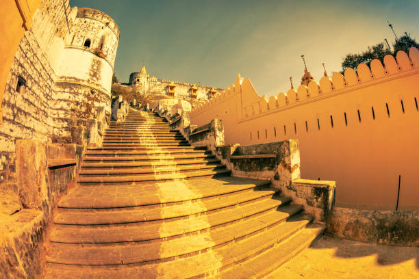 View of long staircase in Jain temple complex on top of Shatrunjaya hill. Shatrunjaya Shree Adishwar Dada Main Temple, Palitana (Bhavnagar district), Gujarat, India