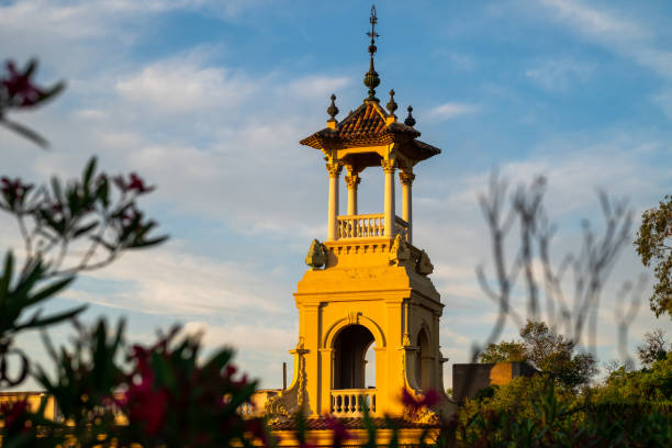 wieże narodowego muzeum sztuki katalonii w zachodzącym słońcu. widok przez zieleń. - castle catalonia spain majestic zdjęcia i obrazy z banku zdjęć