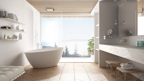 istock Luxury modern white bathroom with parquet floor and wooden celiling, big panoramic window on sea panorama, bathtub, shower and double sink, interior design, minimal architecture 1418807785