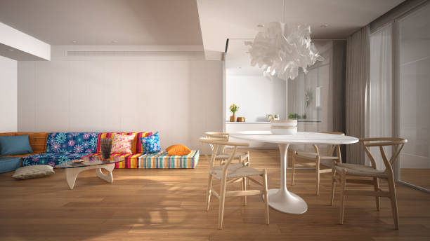 istock Modern colorful living room with kitchen and dining table, sofa with pillows, coffee table, big panoramic window, pendant lamp, parquet. White architecture interior design concept 1418807805