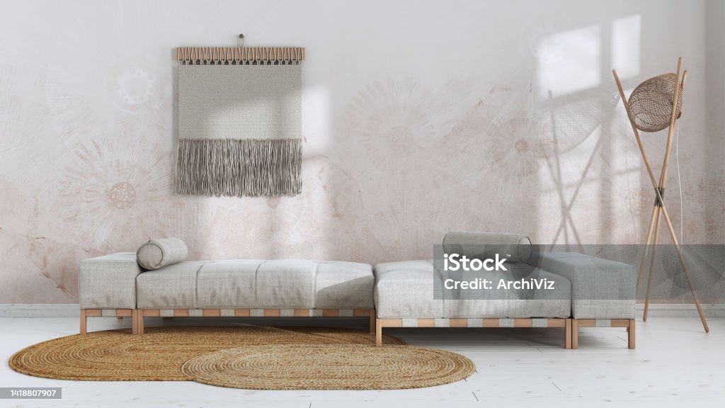 Wabi Sabi Living Room In White And Beige Tones With Decorated Plaster