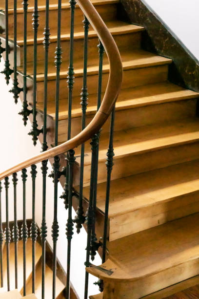 istock wooden staircase in an old house. 1418809630
