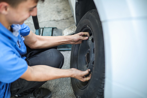 Changing Tire with Jack, Roadside Assistance, Motor Insurance, Car Industry