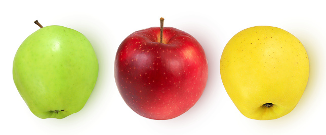 Green, yellow and red apples on isolated white background