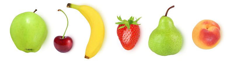 Apple, cherry, banana, strawberry, pear and apricot on an isolated white background. Collection of fruits.