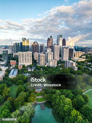 istock Vertical drone view of the Downtown Atlanta with modern buildings and a large green park, Georgia 1418814918