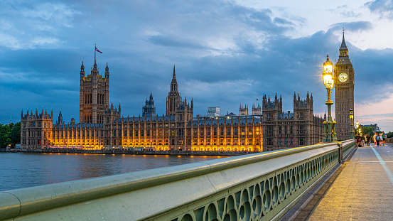 Palace of Westminster, Big Ben, Elizabeth Tower and Westminster Bridge in London at blue hour in the evening